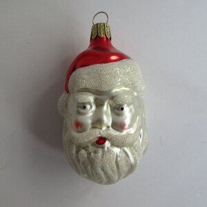 Santa Head Blown Glass Glitter Christmas Ornament Vintage Germany 3.5"